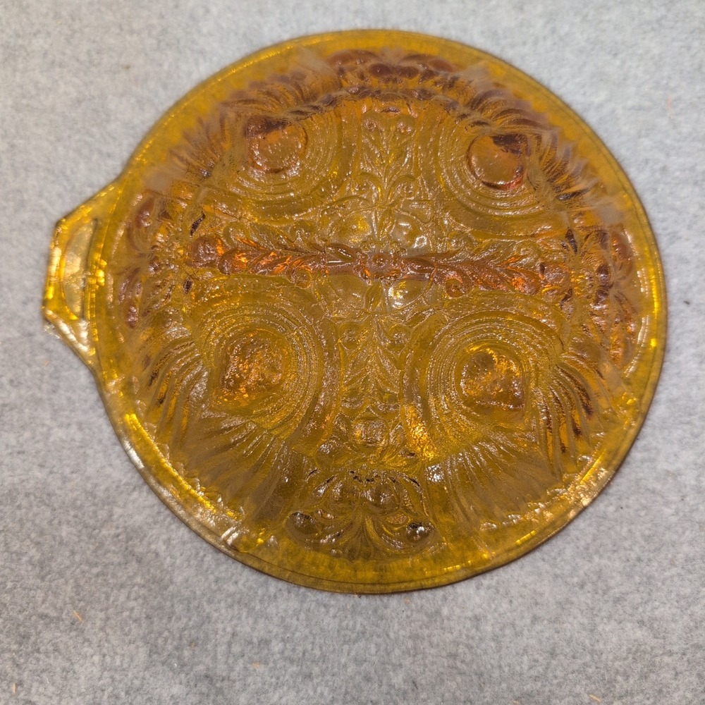 Vintage Amber Glass Divided Relish Dish Peacock Eye Pattern Tab Handle Serving - Picture 7 of 8